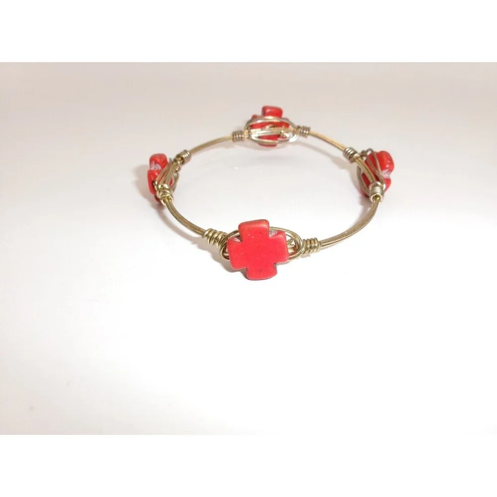 Red Maltese Cross Bourbon & Bowties Artisan Wired Gemstone Bracelet Unsigned